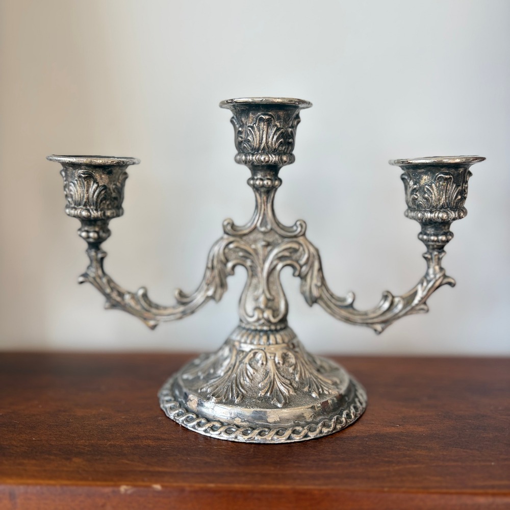 Vintage Ornate Solid Pewter 3 Arm Candelabra Acanthus Leaf Scrollwork 6.5in